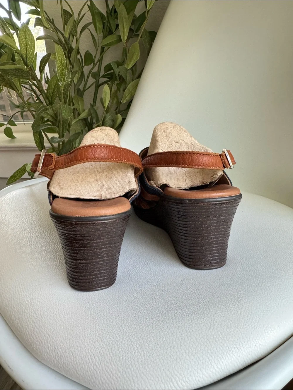 SAS Layla Denim Leather Wedge Sandals Women's 7.5 M Blue Brown Made in USA
